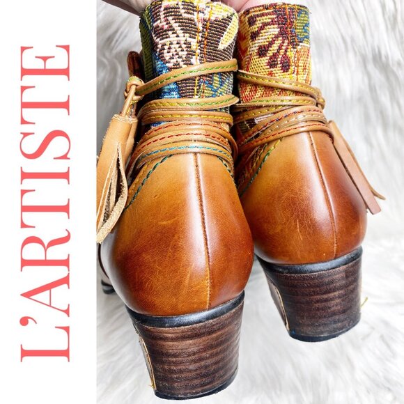 L’ARTISTE LEATHER ANKLE TAPESTRY BOOTIE TASSEL UNIQUE ARTISTIC BOHO, WOMEN’s 40 - Picture 9 of 16